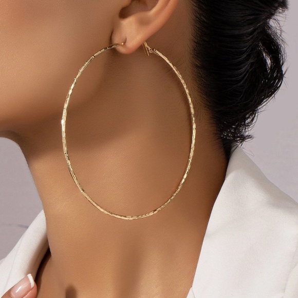 Yellow Gold Tone Large Hoop Earrings Zinc Alloy  Round - Picture 1 of 4